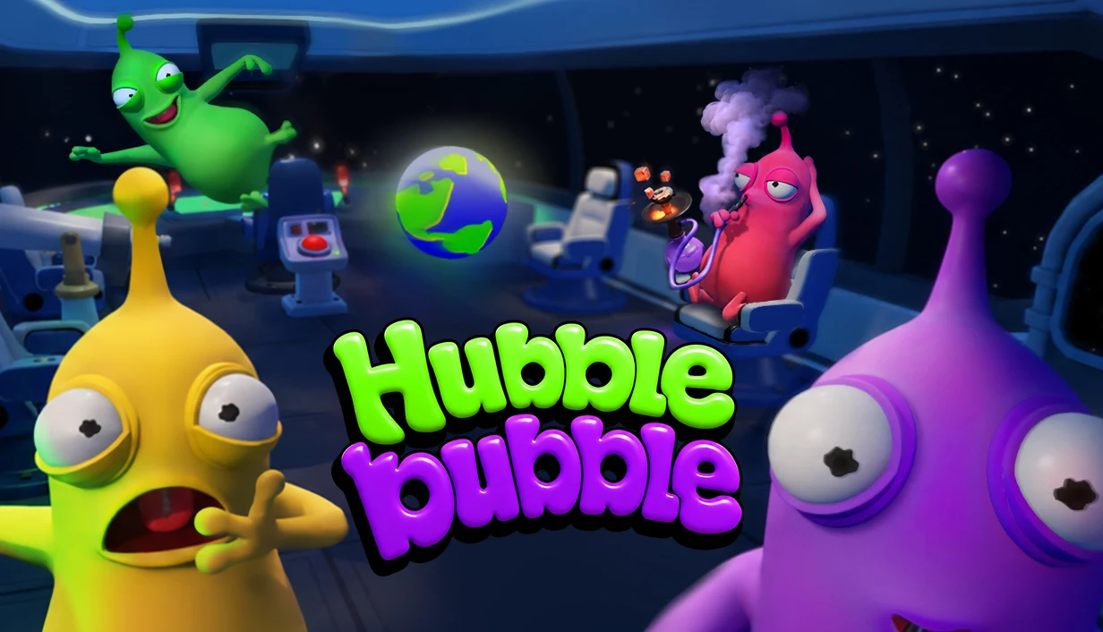 The crew and their alien customers in the lounge with the Hubble Bubble logo in the middle